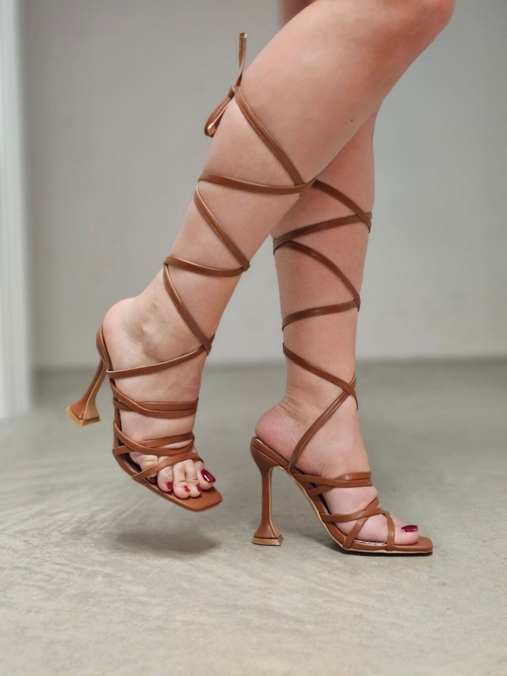 Strappy Brown Gladiator Heels With Lace-Up Design & Square Toe High Heel Sandals - Picture 9 of 16
